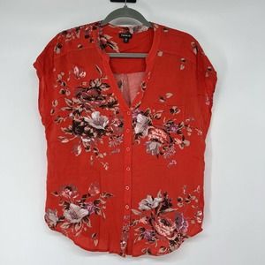 Torrid Floral Print Button Down Blouse Womens Plus Size 00X Orange Cap Sleeve